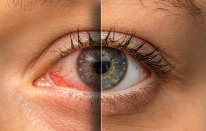A before and after view of what dry eye looks like, versus a normal eye, the left side's dry eye has redness and irritation