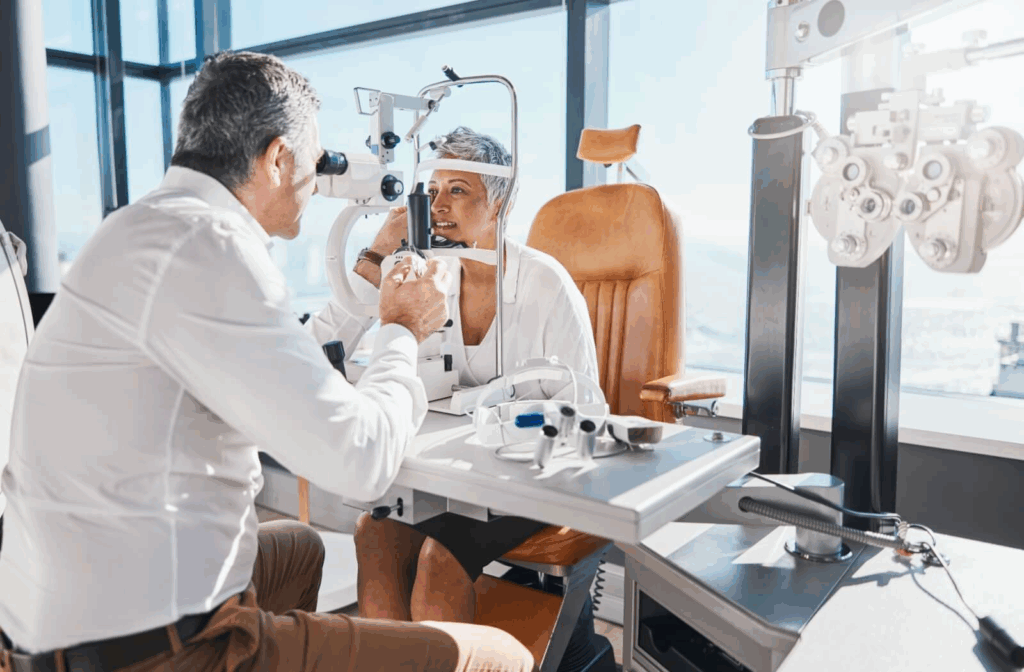 An eye doctor evaluates a patient's eye health with a slit lamp during their routine visit.