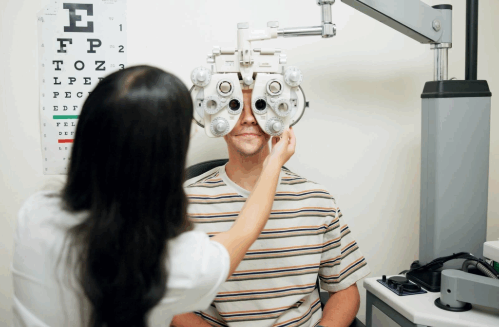 An optometrist evaluates a patient's vision during their routine eye exam.