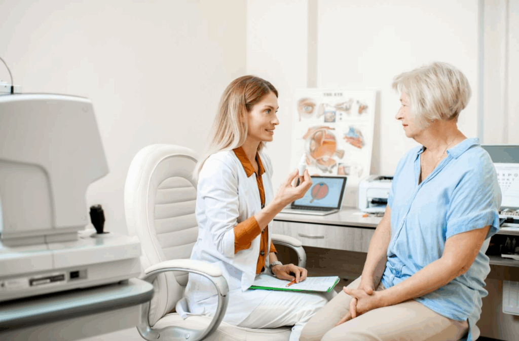 An optometrist holds a bottle of artificial tears while talking to a patient about the importance of dry eye management.