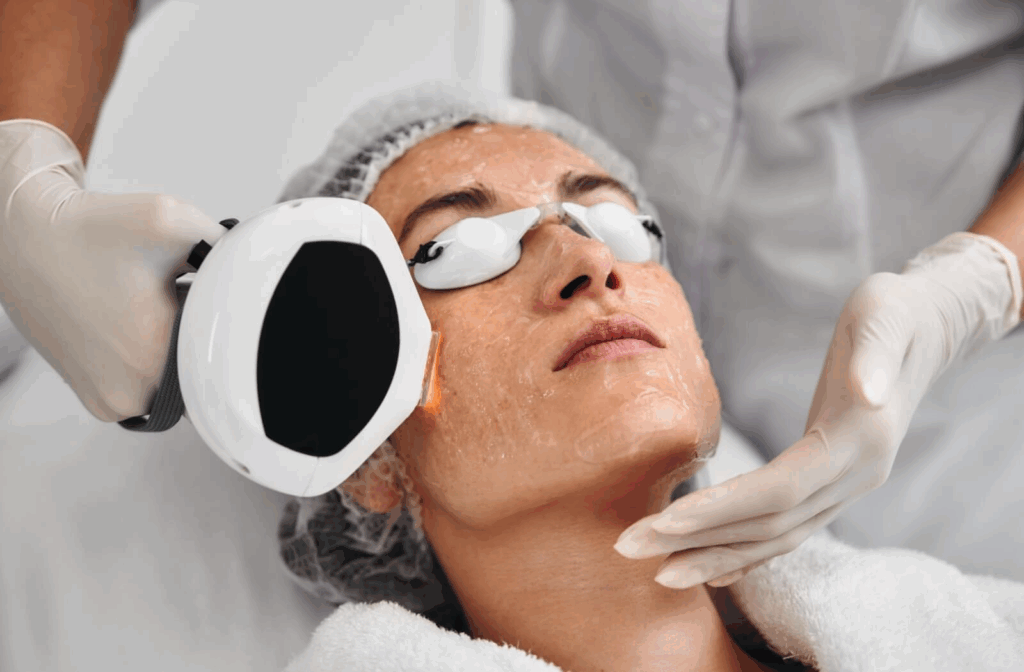 A person undergoes an IPL therapy session to address their acne.