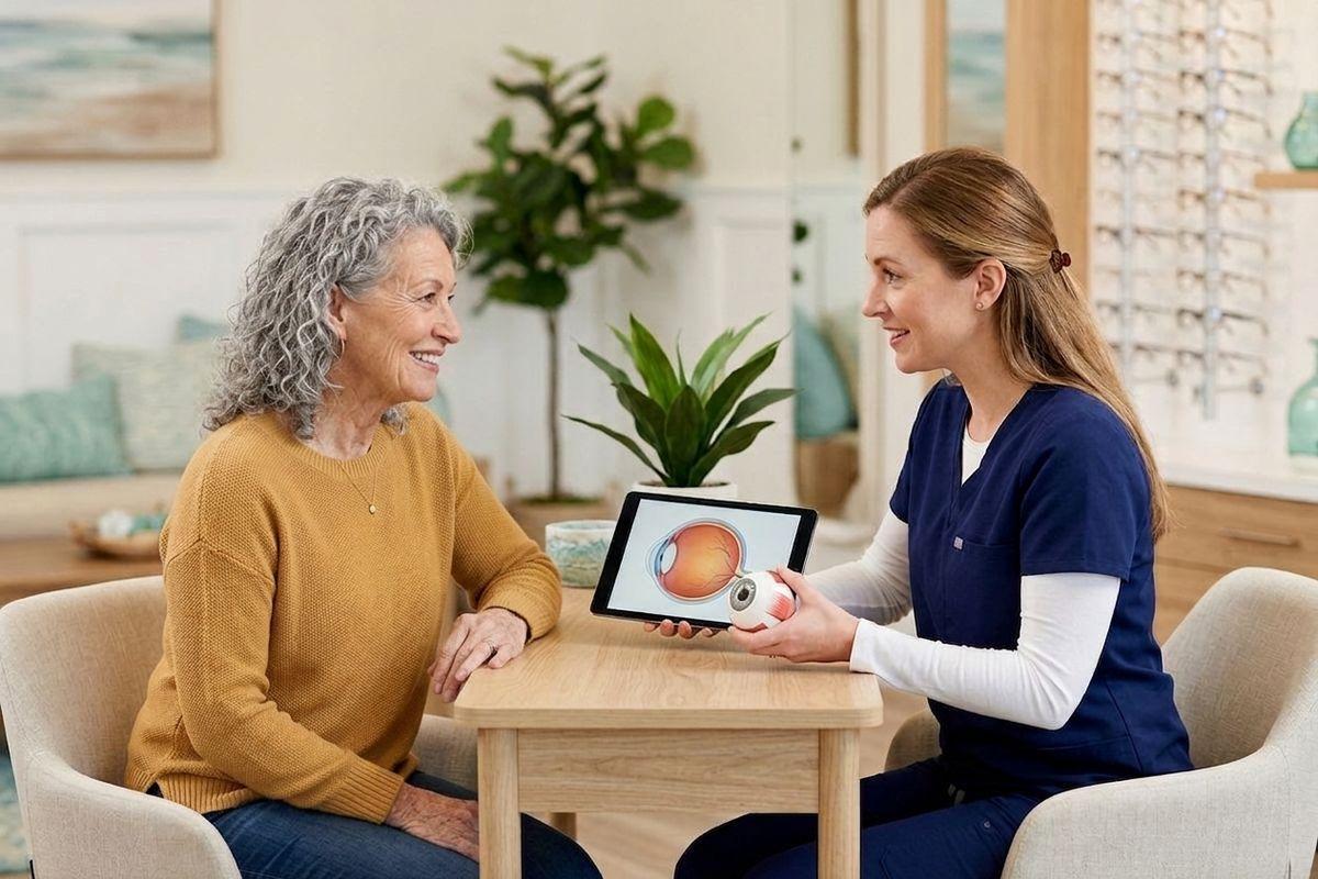 An optometrist sits at a table showing a 3D eye model and a tablet with an eye diagram to a smiling older adult patient.