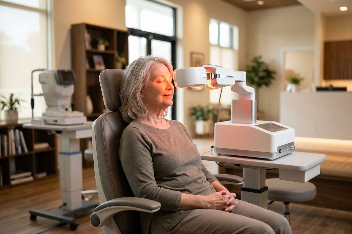 A relaxed older adult sits in an eye clinic chair with closed eyes, facing a device emitting red light onto their face.