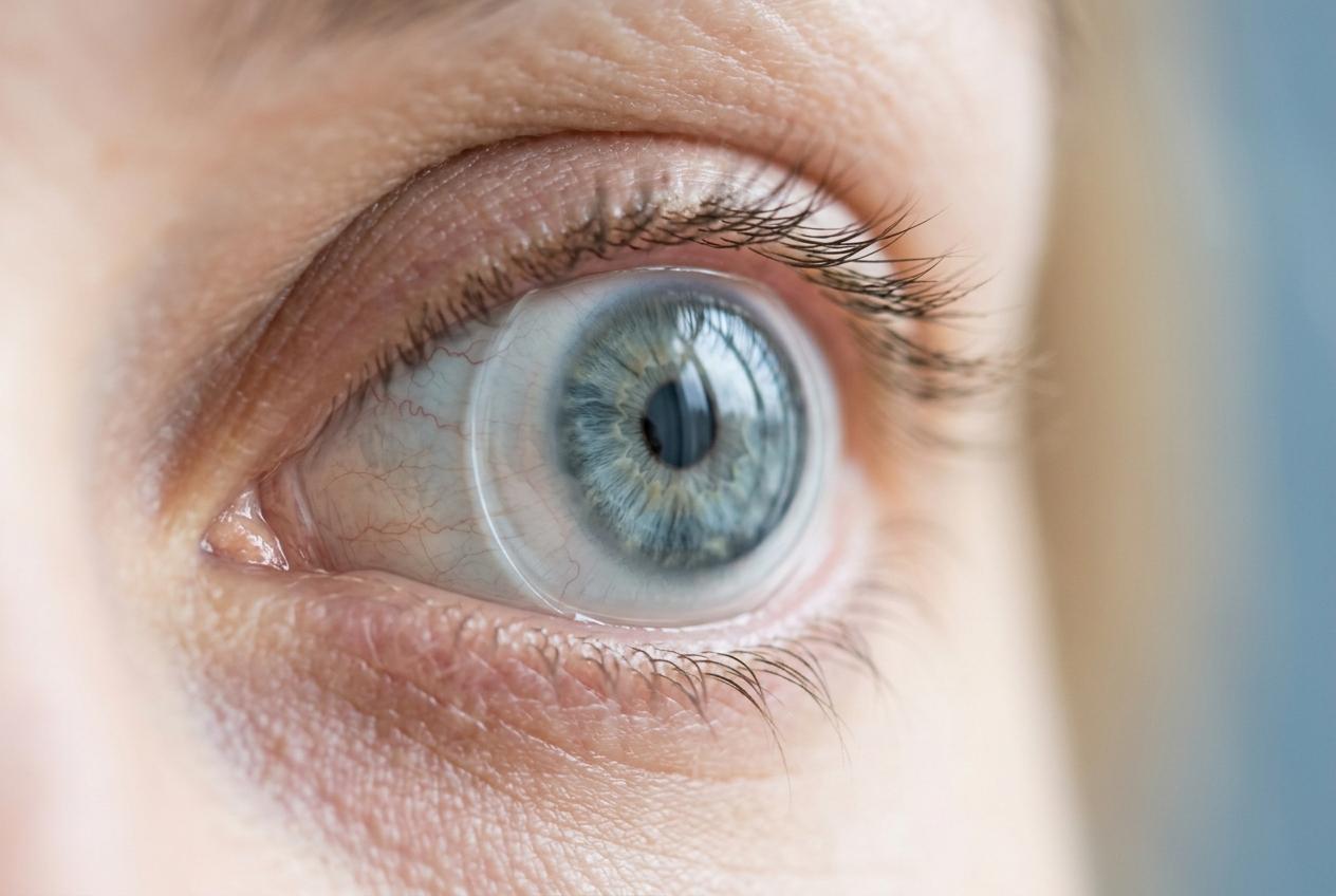 Close up of scleral lens on eyeball