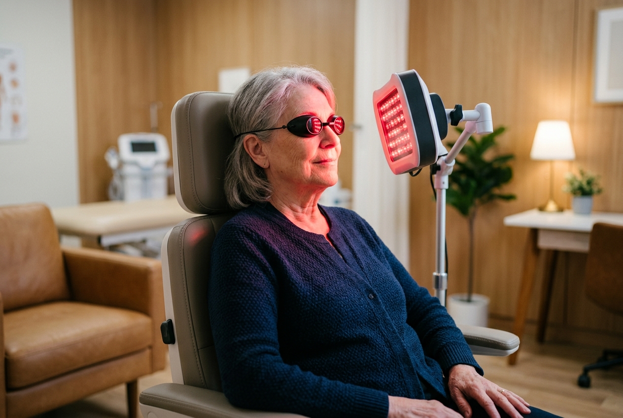 Elderly woman receiving red light therapy facial treatment in a clinic, wearing protective goggles near an LED light device