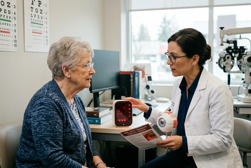 Optometrist explaining red light therapy for eye health to elderly female patient using eye model and brochure in clinic