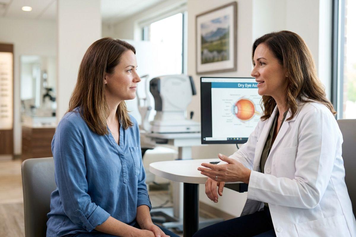 A smiling optometrist talks with an adult patient in an eye clinic. A computer screen between them displays a diagram of an eye.