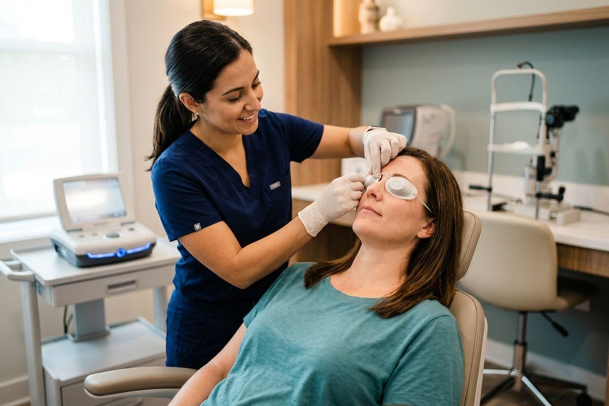 A smiling optometrist wearing gloves places white eye shields over a seated adult's eyes in a clinic.