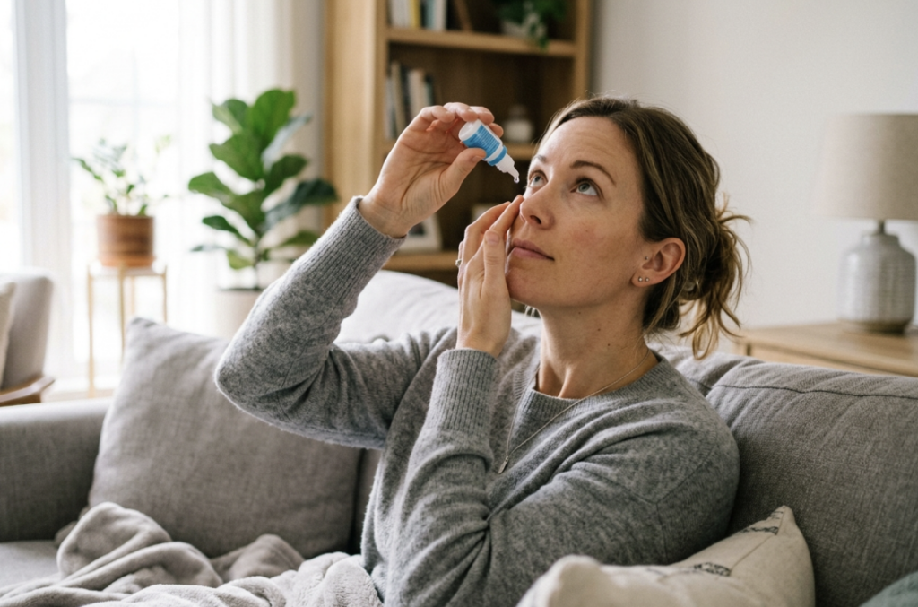Woman in a gray sweater sitting on a couch, applying eye drops from a blue bottle into her eye.