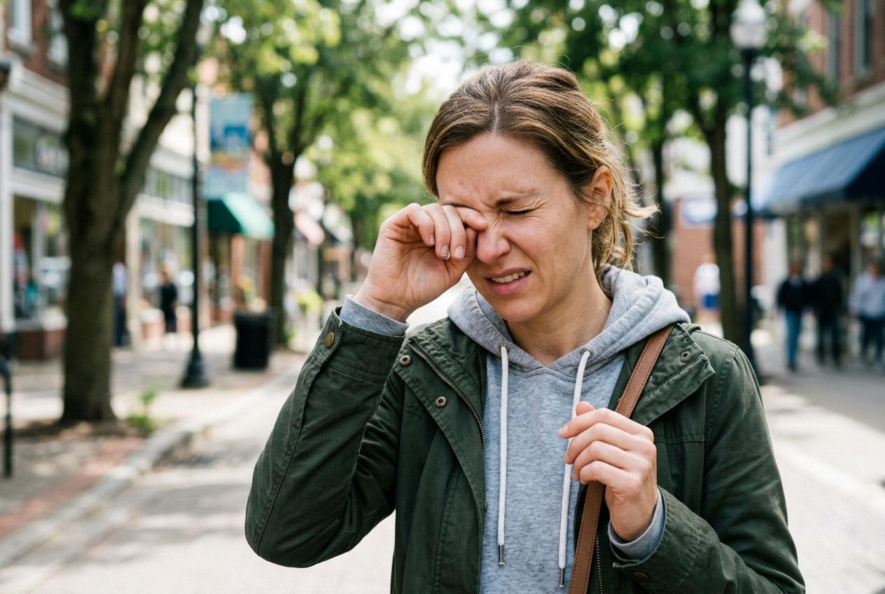 Woman in a green jacket and gray hoodie rubbing her eye while standing on a tree-lined city street.
