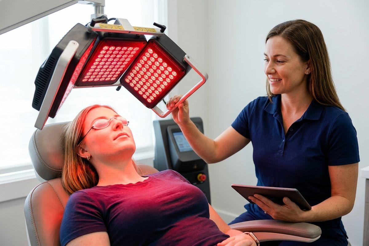 Clinician holding a tablet adjusts a red LED light panel over the face of a person reclining in a treatment chair wearing protective goggles.