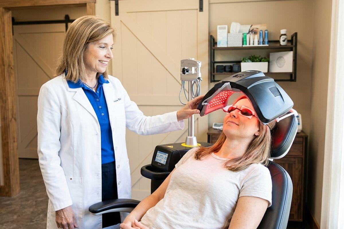 Clinician in a white coat positions a red light therapy panel over a reclining patient wearing protective goggles in a treatment room.