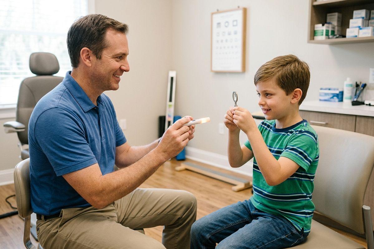 Optometrist holds a small light while a smiling child seated in the exam chair holds a lens paddle, eye chart on the wall behind.