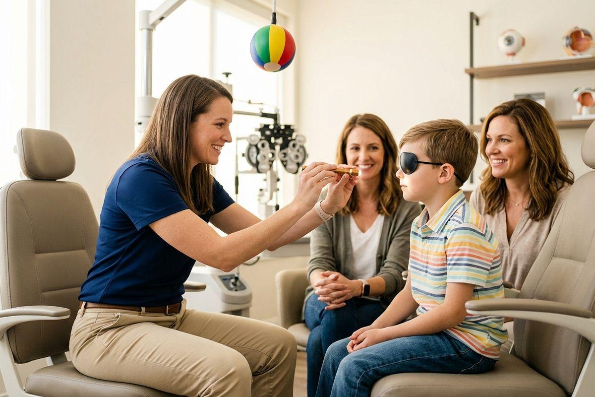 Optometrist smiles while holding a small light toward a child wearing an eye patch, with two adults watching in an eye exam room.