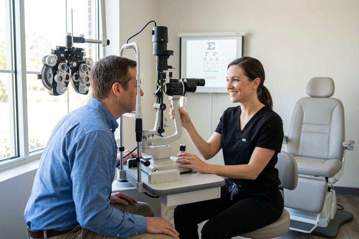 A smiling optometrist adjusts a slit lamp while an adult patient sits opposite in an exam room with an eye chart on the wall.