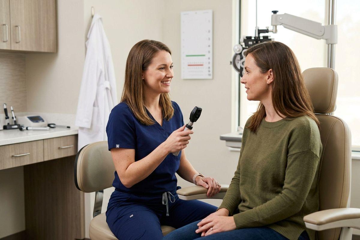 A smiling optometrist holding an ophthalmoscope talks with a patient seated in an exam chair beside a phoropter in an eye exam room.