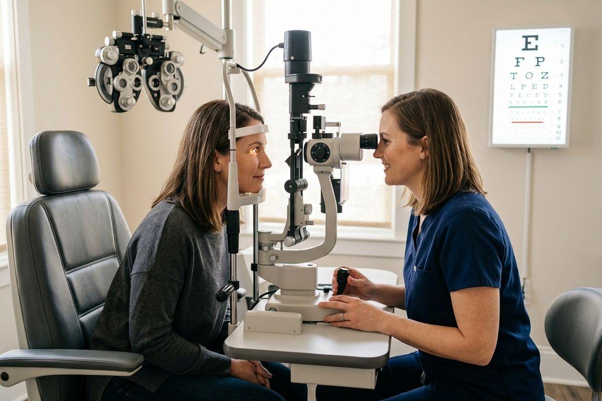 An optometrist looks through a slit lamp at a patient's eyes during an eye exam, with an eye chart and phoropter in the room.