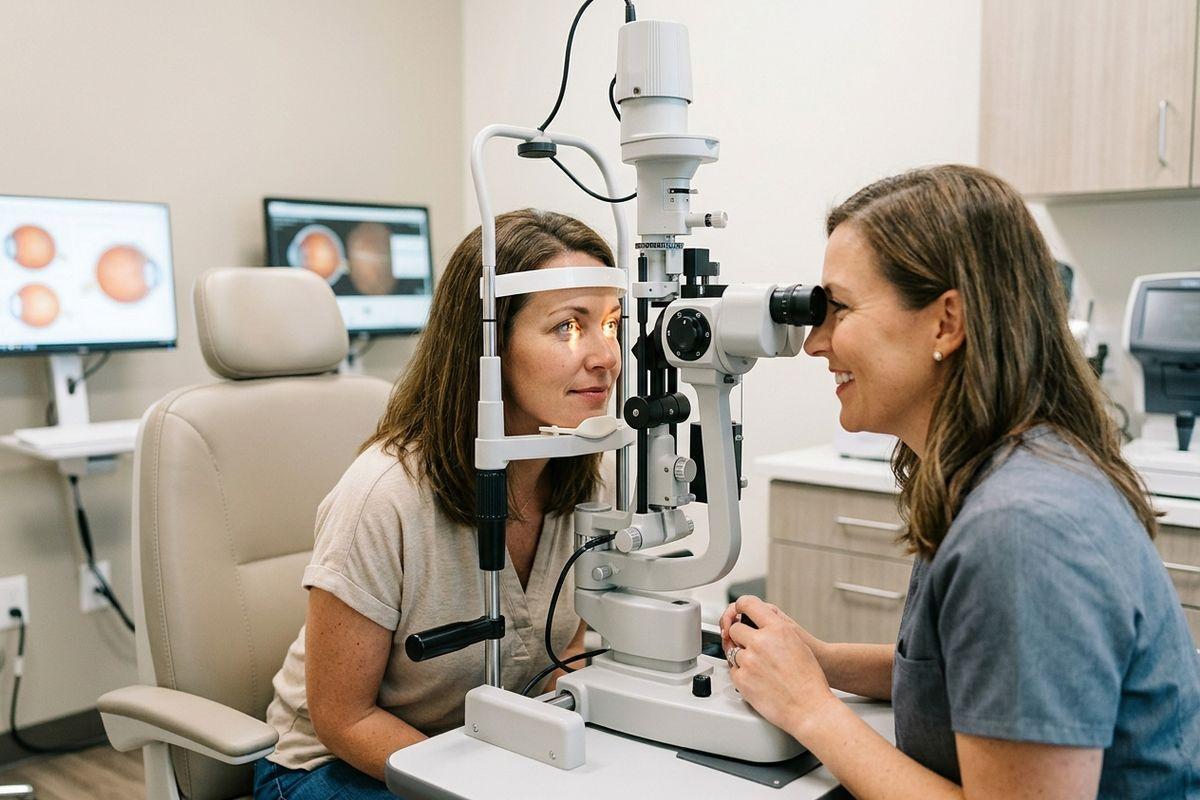An optometrist smiling while examining a patient's eyes with a slit lamp in an exam room, with eye images displayed on monitors behind them.