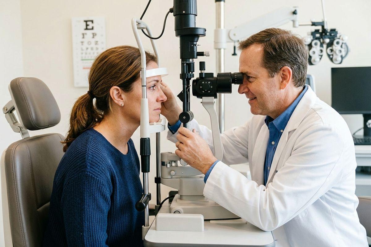 An optometrist examines a patient's eyes through a slit lamp in an exam room, with an eye chart on the wall behind.