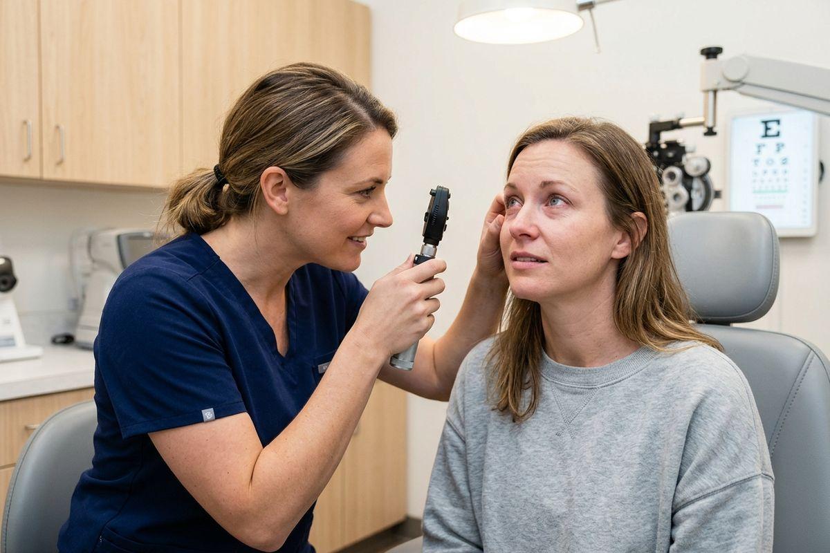 An optometrist examines a seated patient's eye with a handheld ophthalmoscope in an exam room with a phoropter and eye chart in the background.