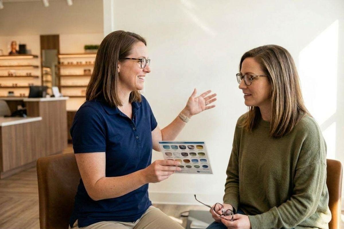 Optician holding a lens tint chart and smiling while talking with a seated patient holding glasses in an eyewear shop.