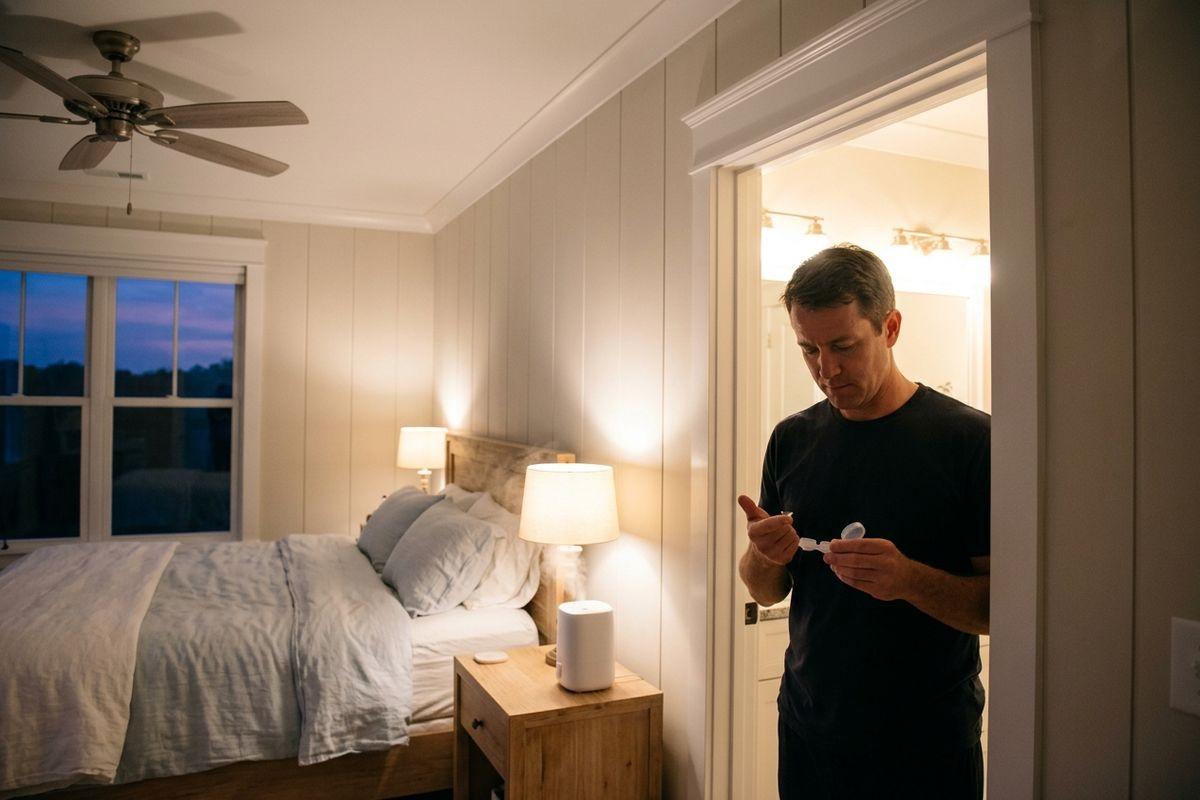 A focused adult stands in a bedroom doorway holding an open contact lens case and looking at their fingertip.