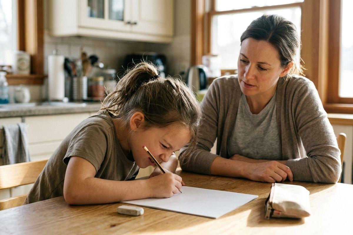 A focused child writes on paper with a pencil at a kitchen table while an adult sits beside them watching.