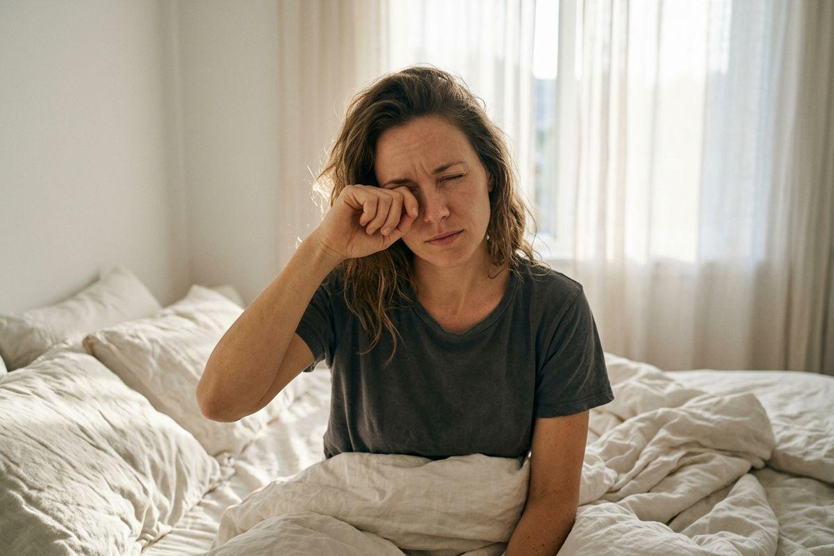 An adult sitting in bed rubs their eye with a tired expression. They are surrounded by white bedding near a sunlit window.
