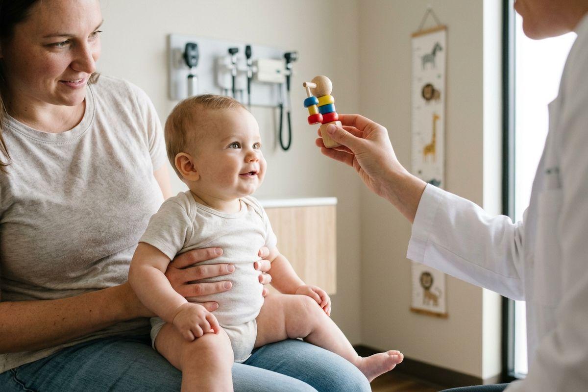 An eye doctor in a clinic holds a colorful wooden toy for a smiling infant sitting on an adult's lap.